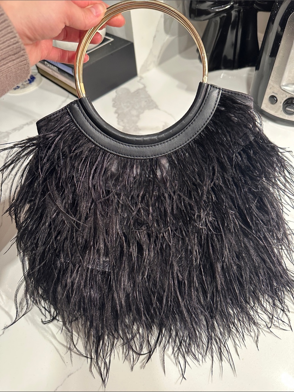 Express Black Feather Wristlet with Gold Ring Handles
